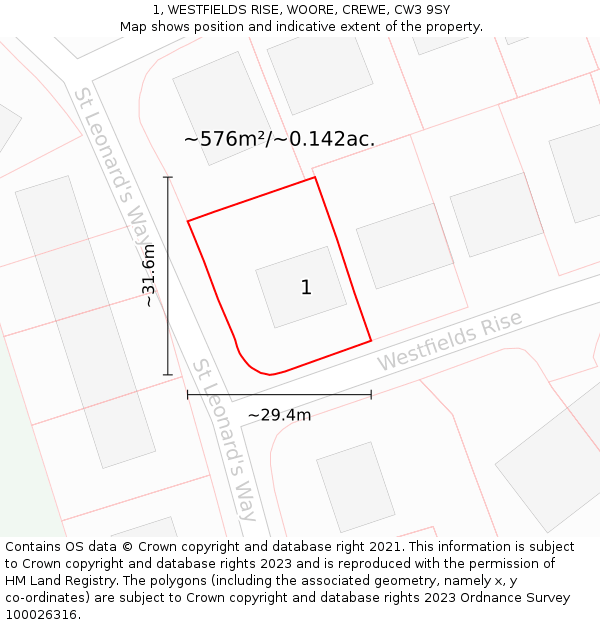 1, WESTFIELDS RISE, WOORE, CREWE, CW3 9SY: Plot and title map