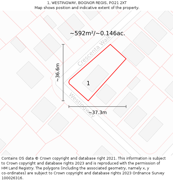 1, WESTINGWAY, BOGNOR REGIS, PO21 2XT: Plot and title map