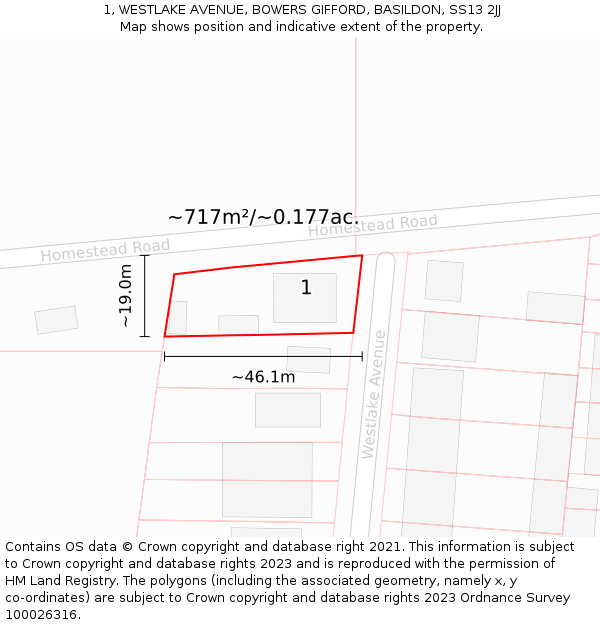 1, WESTLAKE AVENUE, BOWERS GIFFORD, BASILDON, SS13 2JJ: Plot and title map