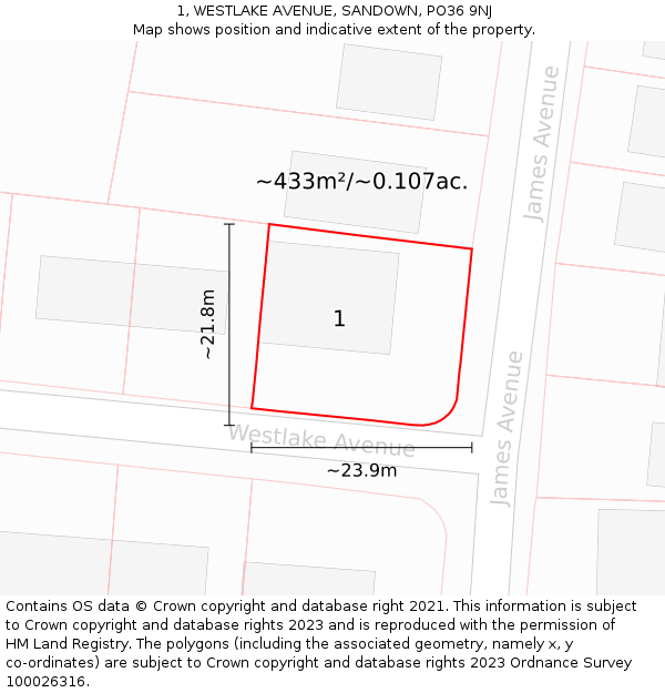 1, WESTLAKE AVENUE, SANDOWN, PO36 9NJ: Plot and title map