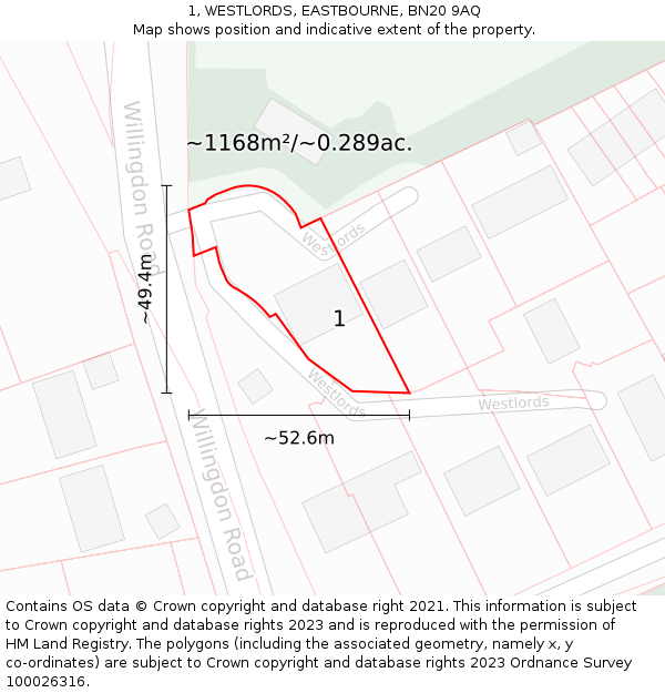 1, WESTLORDS, EASTBOURNE, BN20 9AQ: Plot and title map