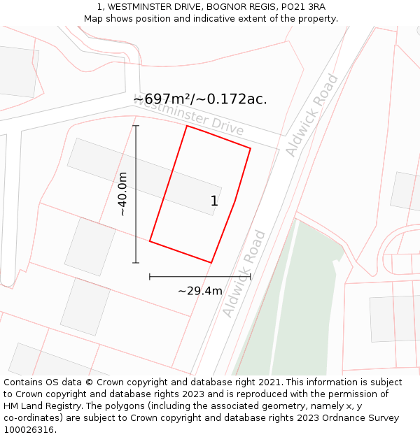 1, WESTMINSTER DRIVE, BOGNOR REGIS, PO21 3RA: Plot and title map