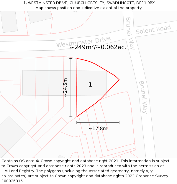 1, WESTMINSTER DRIVE, CHURCH GRESLEY, SWADLINCOTE, DE11 9RX: Plot and title map