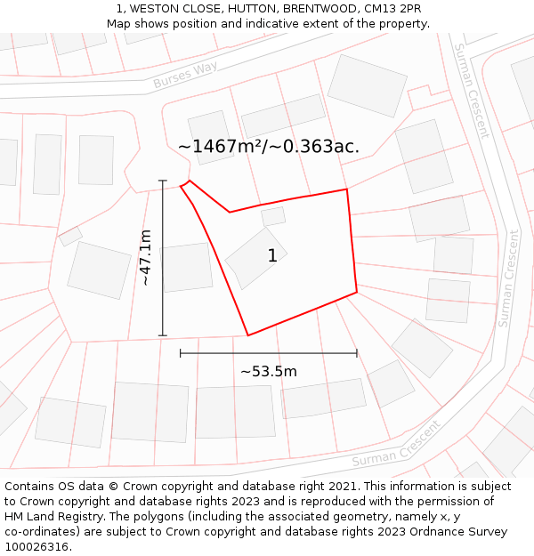 1, WESTON CLOSE, HUTTON, BRENTWOOD, CM13 2PR: Plot and title map