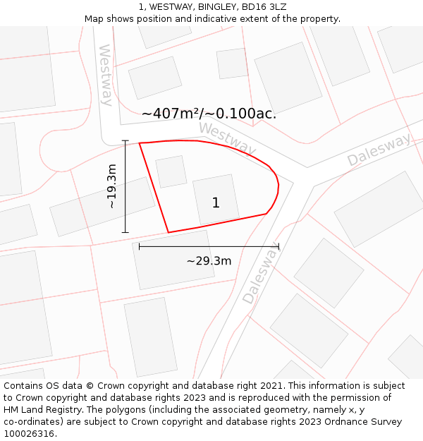 1, WESTWAY, BINGLEY, BD16 3LZ: Plot and title map