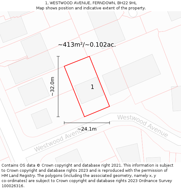 1, WESTWOOD AVENUE, FERNDOWN, BH22 9HL: Plot and title map