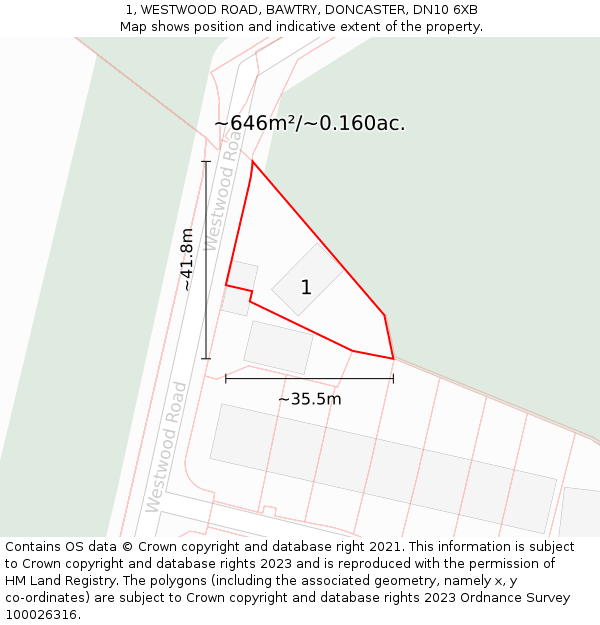 1, WESTWOOD ROAD, BAWTRY, DONCASTER, DN10 6XB: Plot and title map