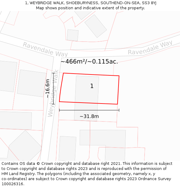 1, WEYBRIDGE WALK, SHOEBURYNESS, SOUTHEND-ON-SEA, SS3 8YJ: Plot and title map