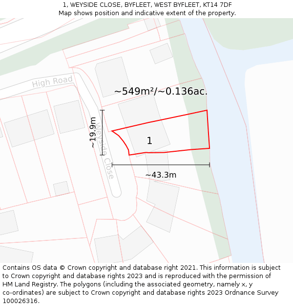 1, WEYSIDE CLOSE, BYFLEET, WEST BYFLEET, KT14 7DF: Plot and title map