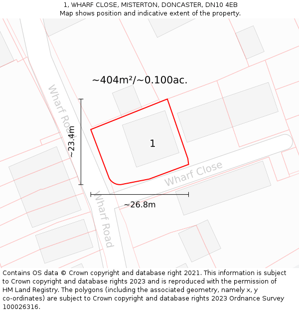 1, WHARF CLOSE, MISTERTON, DONCASTER, DN10 4EB: Plot and title map