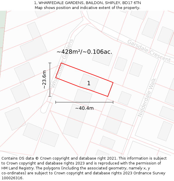 1, WHARFEDALE GARDENS, BAILDON, SHIPLEY, BD17 6TN: Plot and title map