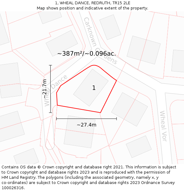 1, WHEAL DANCE, REDRUTH, TR15 2LE: Plot and title map