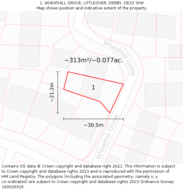 1, WHEATHILL GROVE, LITTLEOVER, DERBY, DE23 3XW: Plot and title map