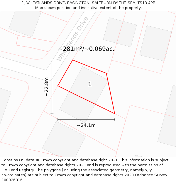 1, WHEATLANDS DRIVE, EASINGTON, SALTBURN-BY-THE-SEA, TS13 4PB: Plot and title map