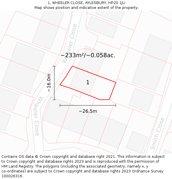 1, WHEELER CLOSE, AYLESBURY, HP20 1JU: Plot and title map