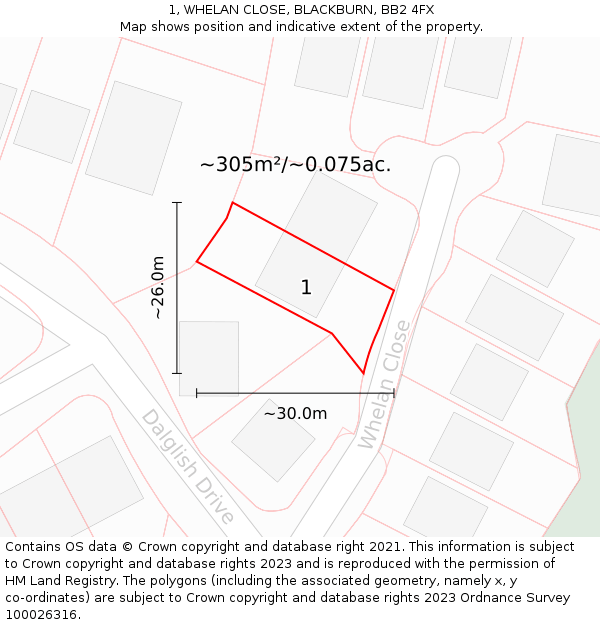 1, WHELAN CLOSE, BLACKBURN, BB2 4FX: Plot and title map