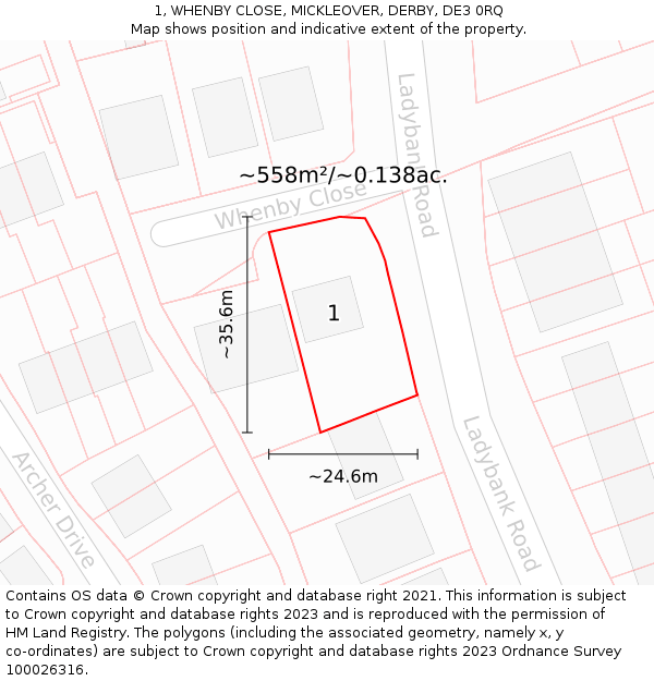 1, WHENBY CLOSE, MICKLEOVER, DERBY, DE3 0RQ: Plot and title map