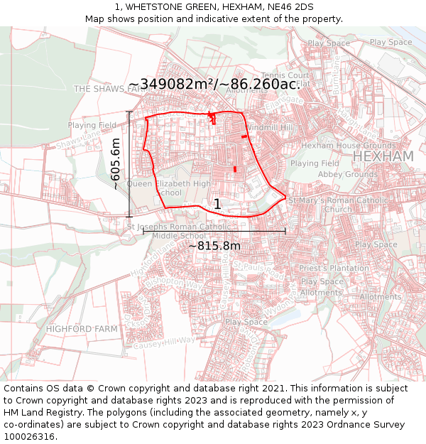 1, WHETSTONE GREEN, HEXHAM, NE46 2DS: Plot and title map