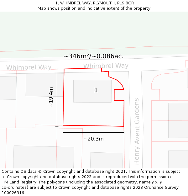 1, WHIMBREL WAY, PLYMOUTH, PL9 8GR: Plot and title map