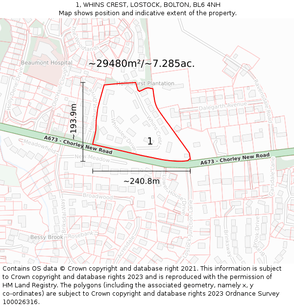 1, WHINS CREST, LOSTOCK, BOLTON, BL6 4NH: Plot and title map