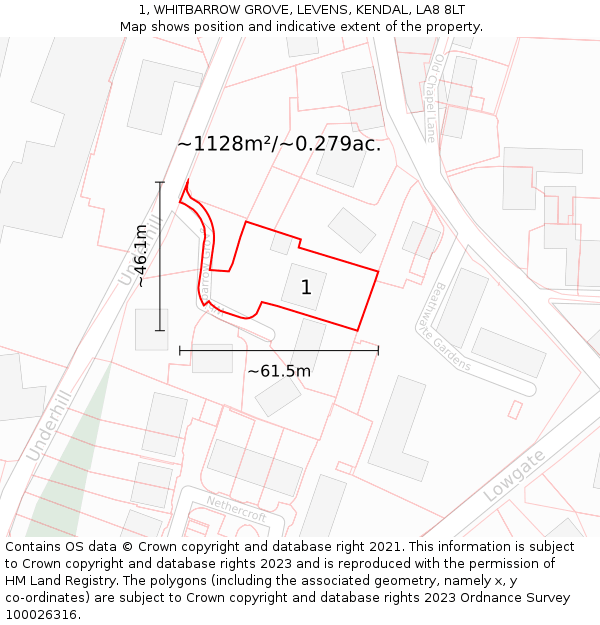 1, WHITBARROW GROVE, LEVENS, KENDAL, LA8 8LT: Plot and title map