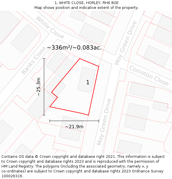 1, WHITE CLOSE, HORLEY, RH6 8GE: Plot and title map