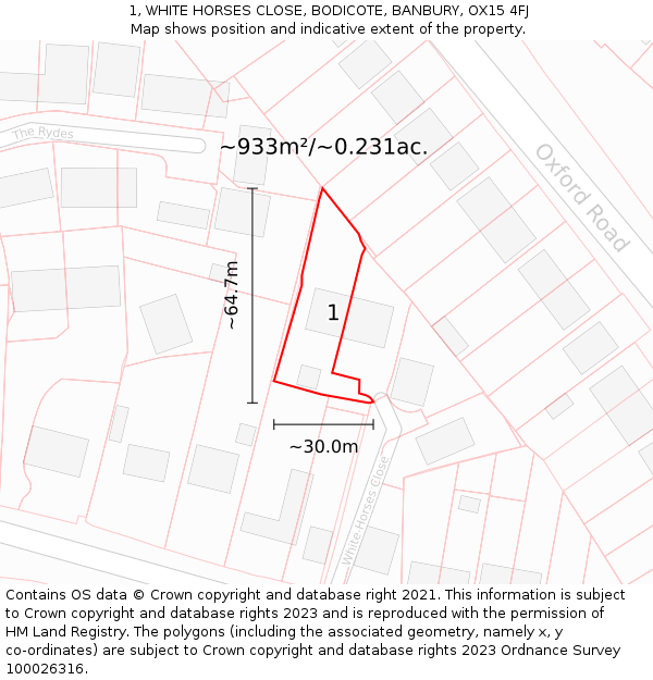 1, WHITE HORSES CLOSE, BODICOTE, BANBURY, OX15 4FJ: Plot and title map