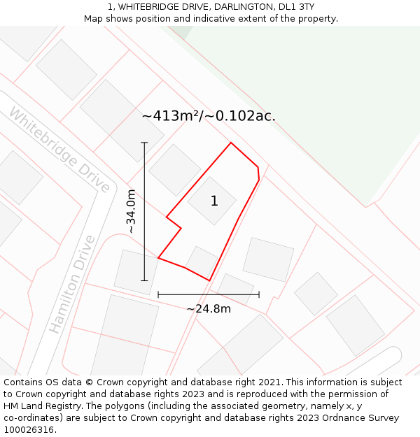 1, WHITEBRIDGE DRIVE, DARLINGTON, DL1 3TY: Plot and title map