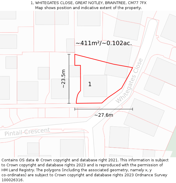 1, WHITEGATES CLOSE, GREAT NOTLEY, BRAINTREE, CM77 7FX: Plot and title map