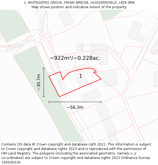 1, WHITEGATES GROVE, FENAY BRIDGE, HUDDERSFIELD, HD8 0BW: Plot and title map