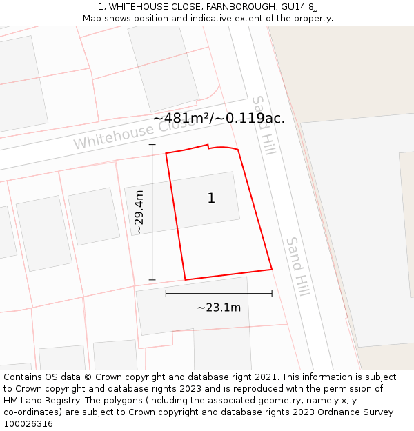 1, WHITEHOUSE CLOSE, FARNBOROUGH, GU14 8JJ: Plot and title map
