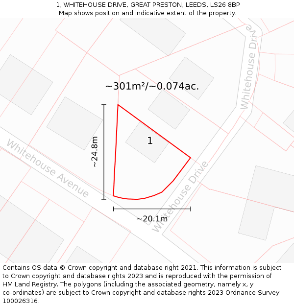 1, WHITEHOUSE DRIVE, GREAT PRESTON, LEEDS, LS26 8BP: Plot and title map