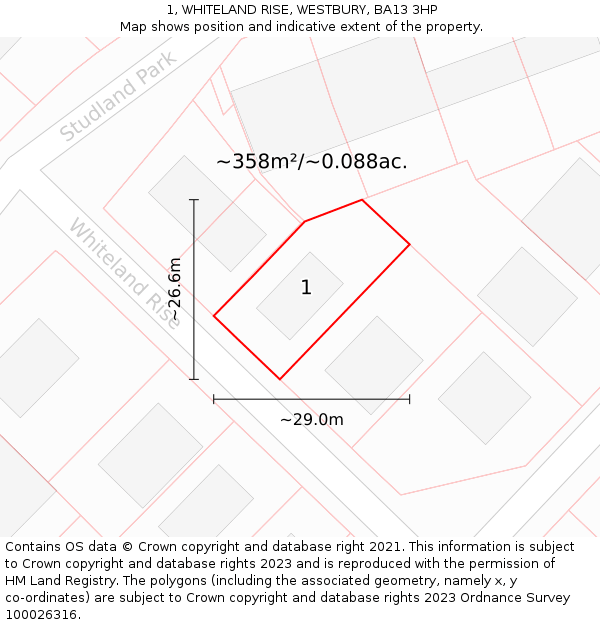 1, WHITELAND RISE, WESTBURY, BA13 3HP: Plot and title map