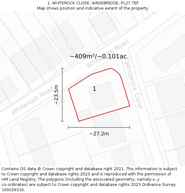 1, WHITEROCK CLOSE, WADEBRIDGE, PL27 7EF: Plot and title map