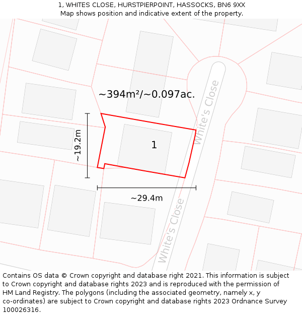 1, WHITES CLOSE, HURSTPIERPOINT, HASSOCKS, BN6 9XX: Plot and title map