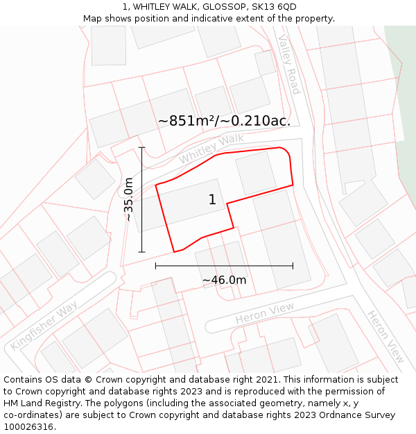 1, WHITLEY WALK, GLOSSOP, SK13 6QD: Plot and title map