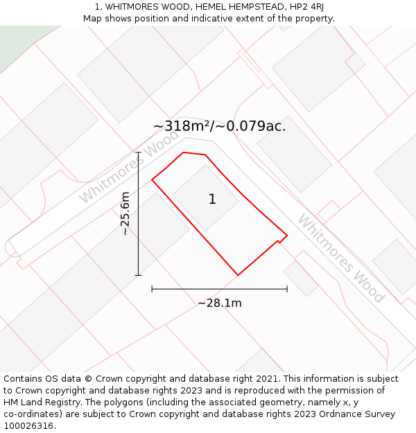 1, WHITMORES WOOD, HEMEL HEMPSTEAD, HP2 4RJ: Plot and title map