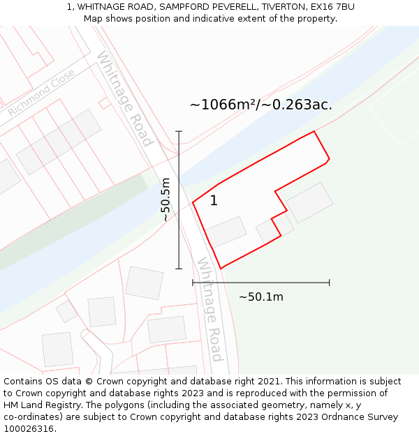 1, WHITNAGE ROAD, SAMPFORD PEVERELL, TIVERTON, EX16 7BU: Plot and title map