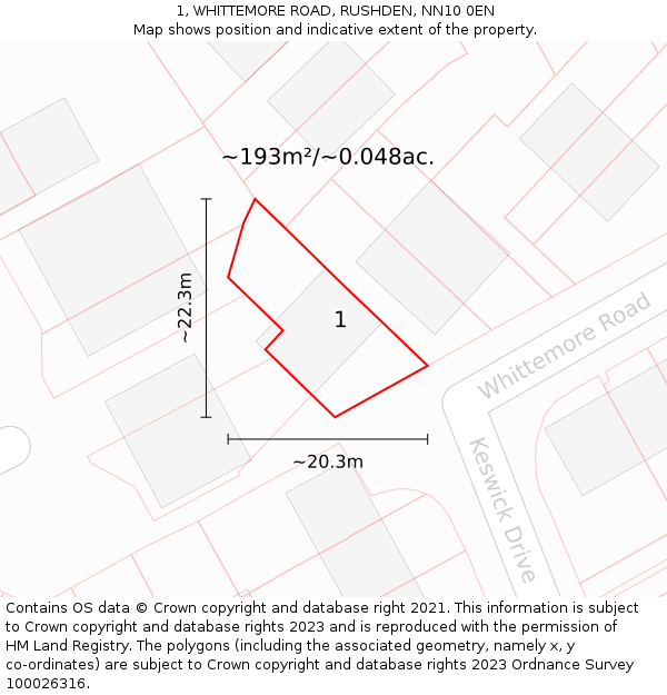 1, WHITTEMORE ROAD, RUSHDEN, NN10 0EN: Plot and title map