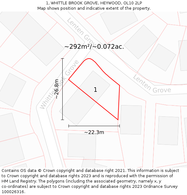 1, WHITTLE BROOK GROVE, HEYWOOD, OL10 2LP: Plot and title map