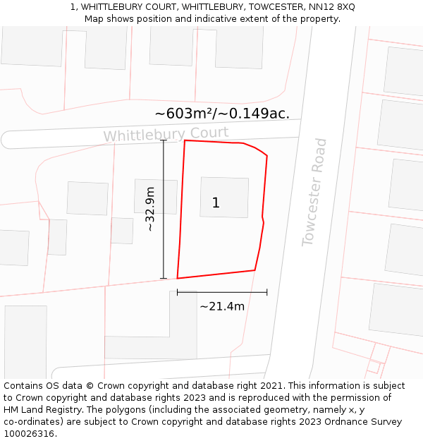 1, WHITTLEBURY COURT, WHITTLEBURY, TOWCESTER, NN12 8XQ: Plot and title map