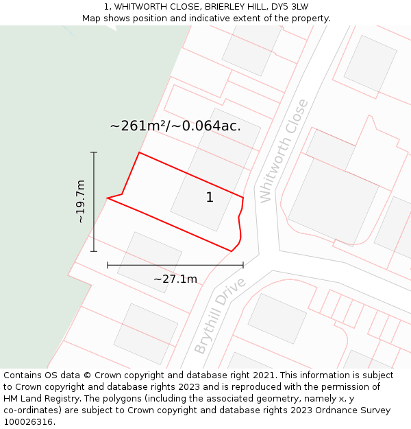 1, WHITWORTH CLOSE, BRIERLEY HILL, DY5 3LW: Plot and title map