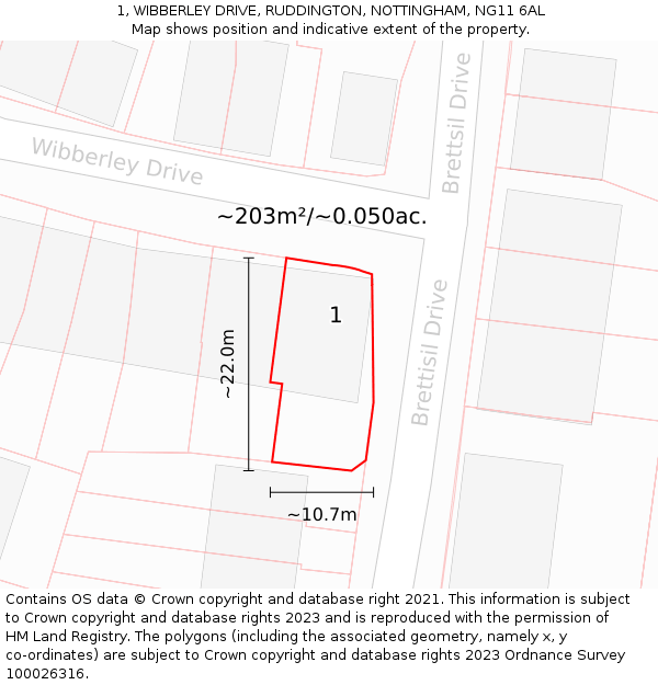 1, WIBBERLEY DRIVE, RUDDINGTON, NOTTINGHAM, NG11 6AL: Plot and title map