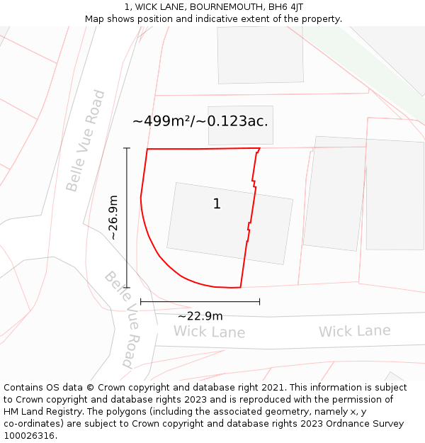 1, WICK LANE, BOURNEMOUTH, BH6 4JT: Plot and title map