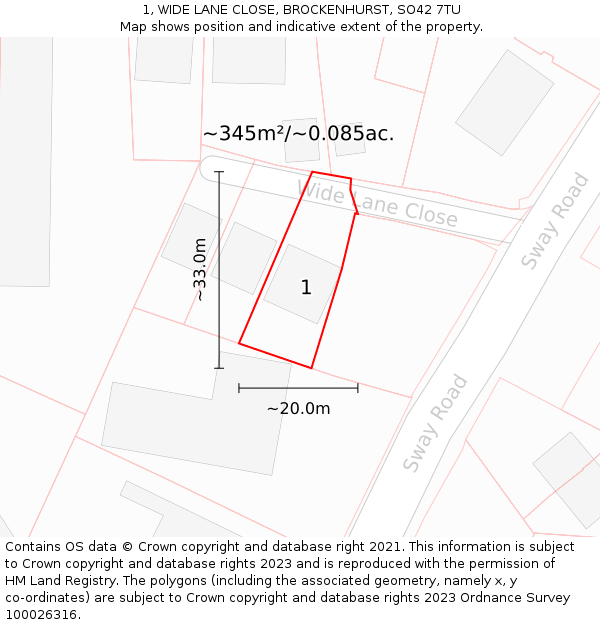 1, WIDE LANE CLOSE, BROCKENHURST, SO42 7TU: Plot and title map
