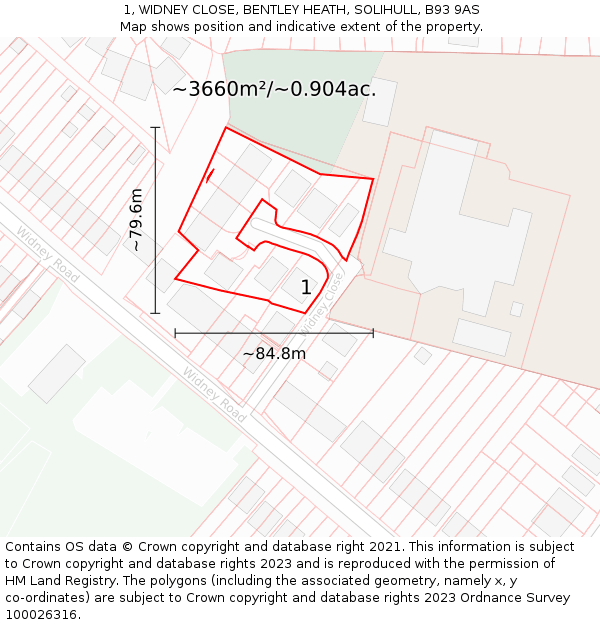 1, WIDNEY CLOSE, BENTLEY HEATH, SOLIHULL, B93 9AS: Plot and title map