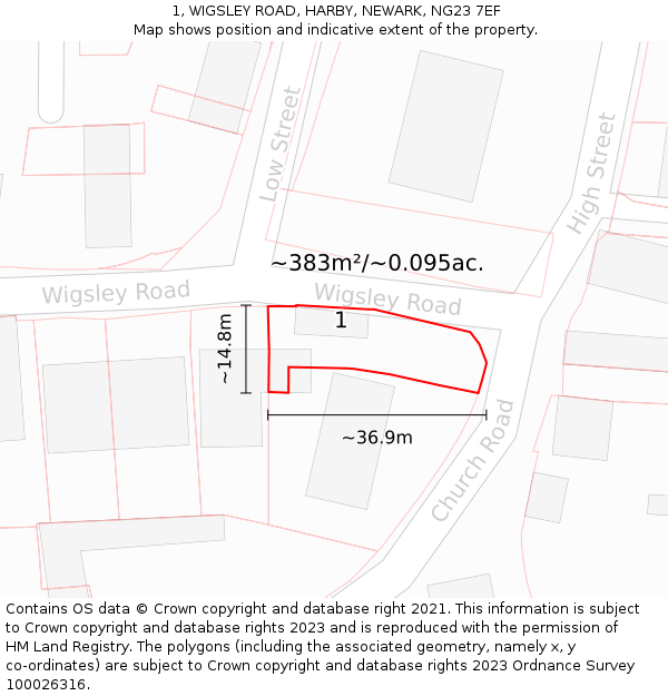 1, WIGSLEY ROAD, HARBY, NEWARK, NG23 7EF: Plot and title map