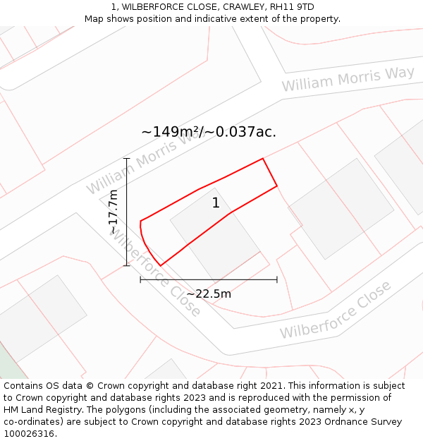 1, WILBERFORCE CLOSE, CRAWLEY, RH11 9TD: Plot and title map