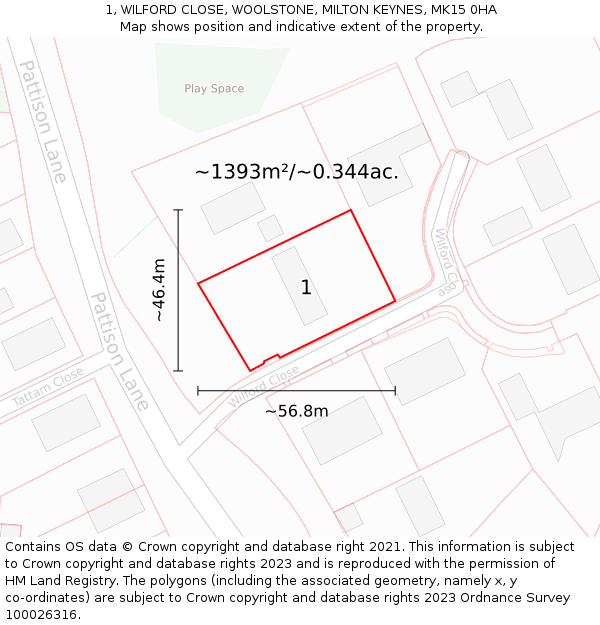 1, WILFORD CLOSE, WOOLSTONE, MILTON KEYNES, MK15 0HA: Plot and title map