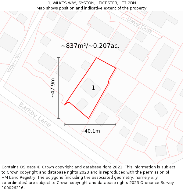 1, WILKES WAY, SYSTON, LEICESTER, LE7 2BN: Plot and title map